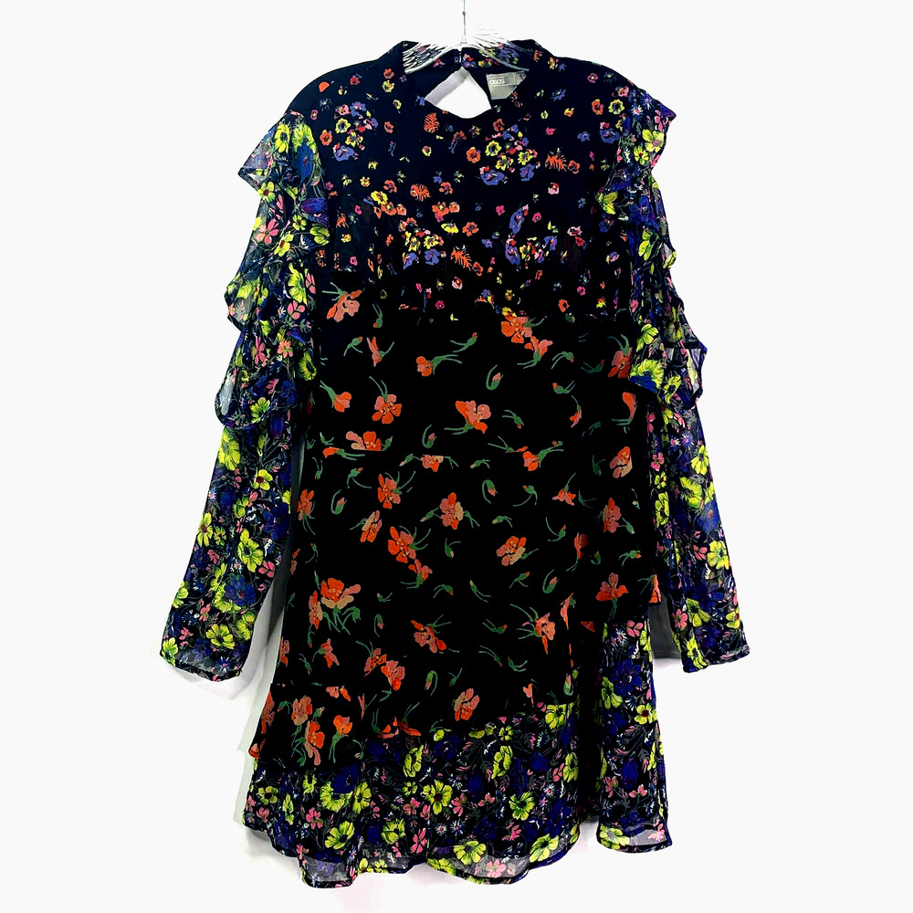 asos Plus Floral Black Tier Ruffle Cold Shoulder Long Sleeve Open Back Midi 16